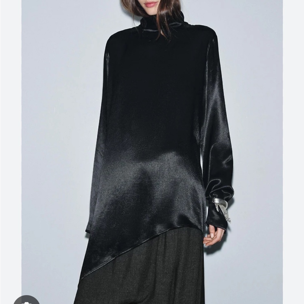 Zara Black Satin Asymmetric Turtleneck Tunic